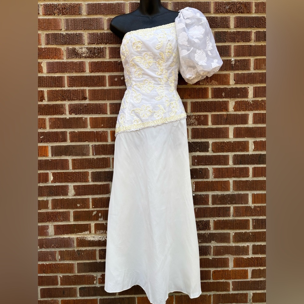 Mike Benet white wedding dress strapless bodice yellow accents one puffed sleeve